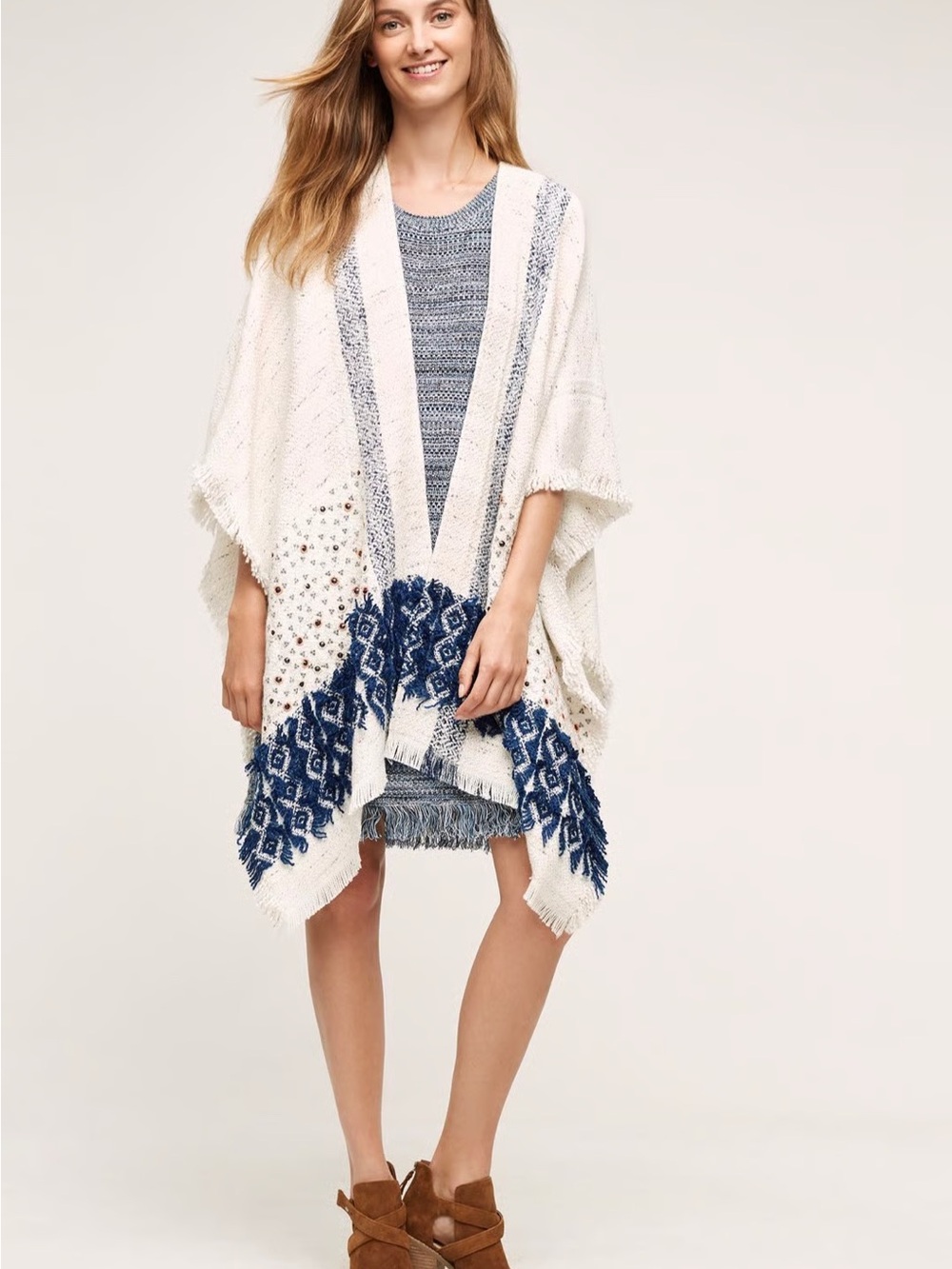 Anthropologie Striped Fringe Cardigan Poncho Ivory Navy Geometric OS